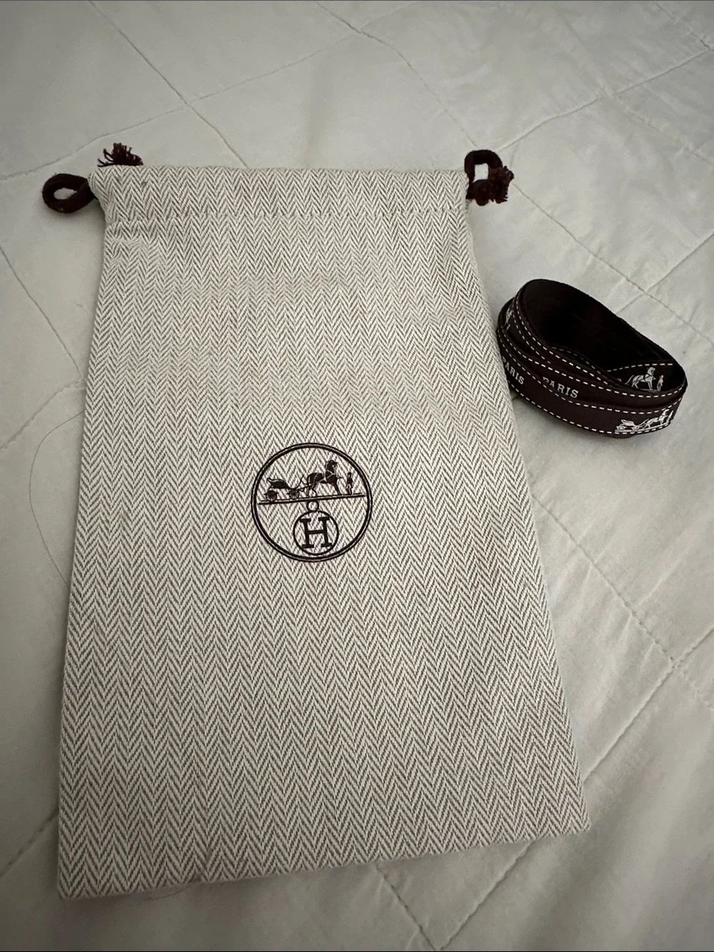 Brown and Cream Drawstring Twill Bag Hermes logo & long spool of Hermes ribbon